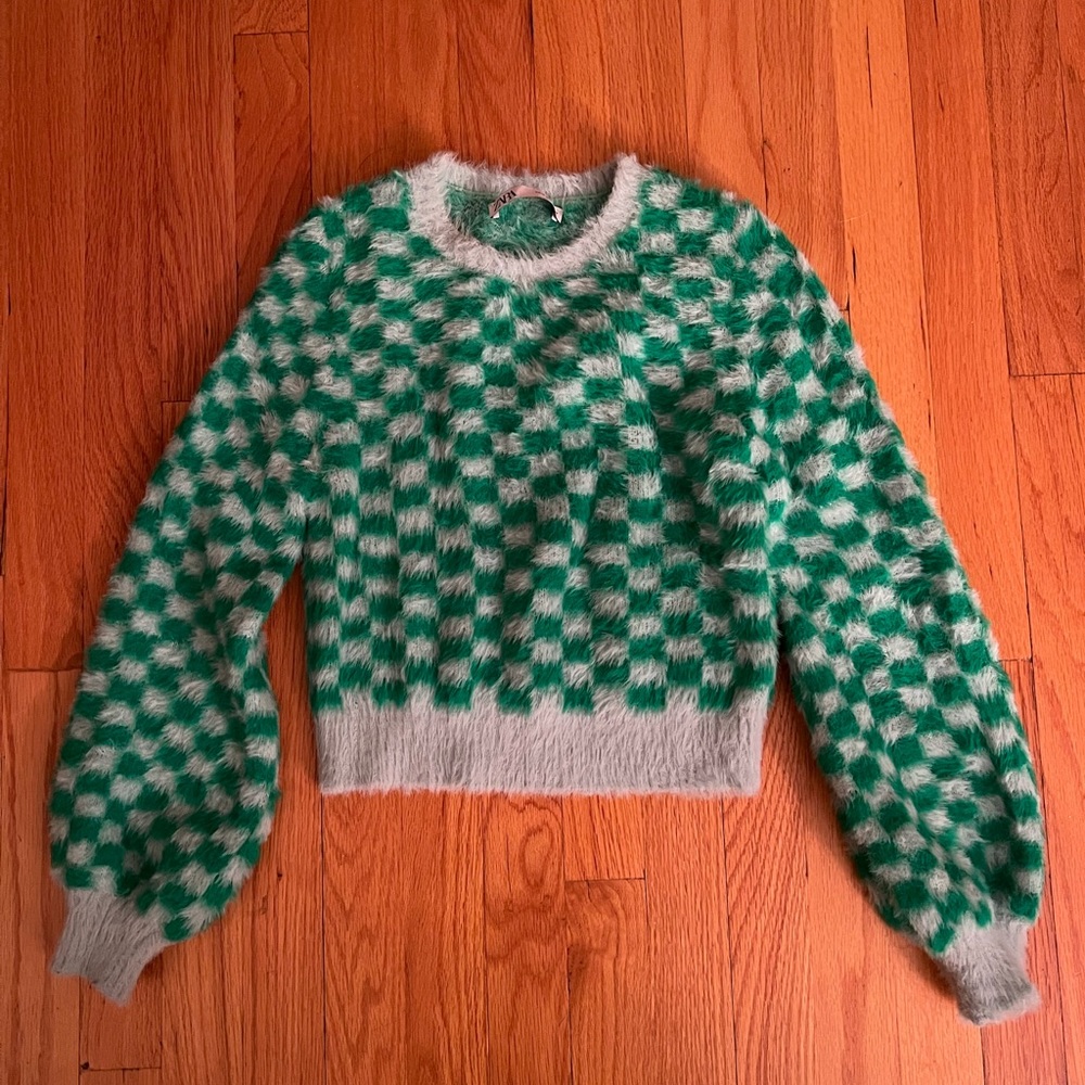 Zara green and blue checkered fuzzy crop sweater